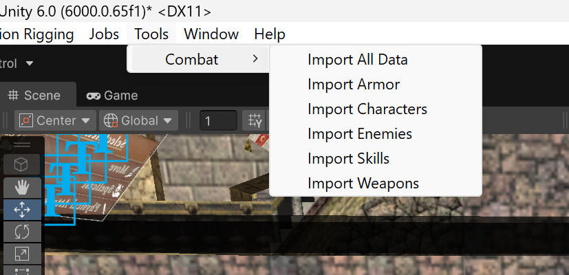 Unity editor with Import menu
